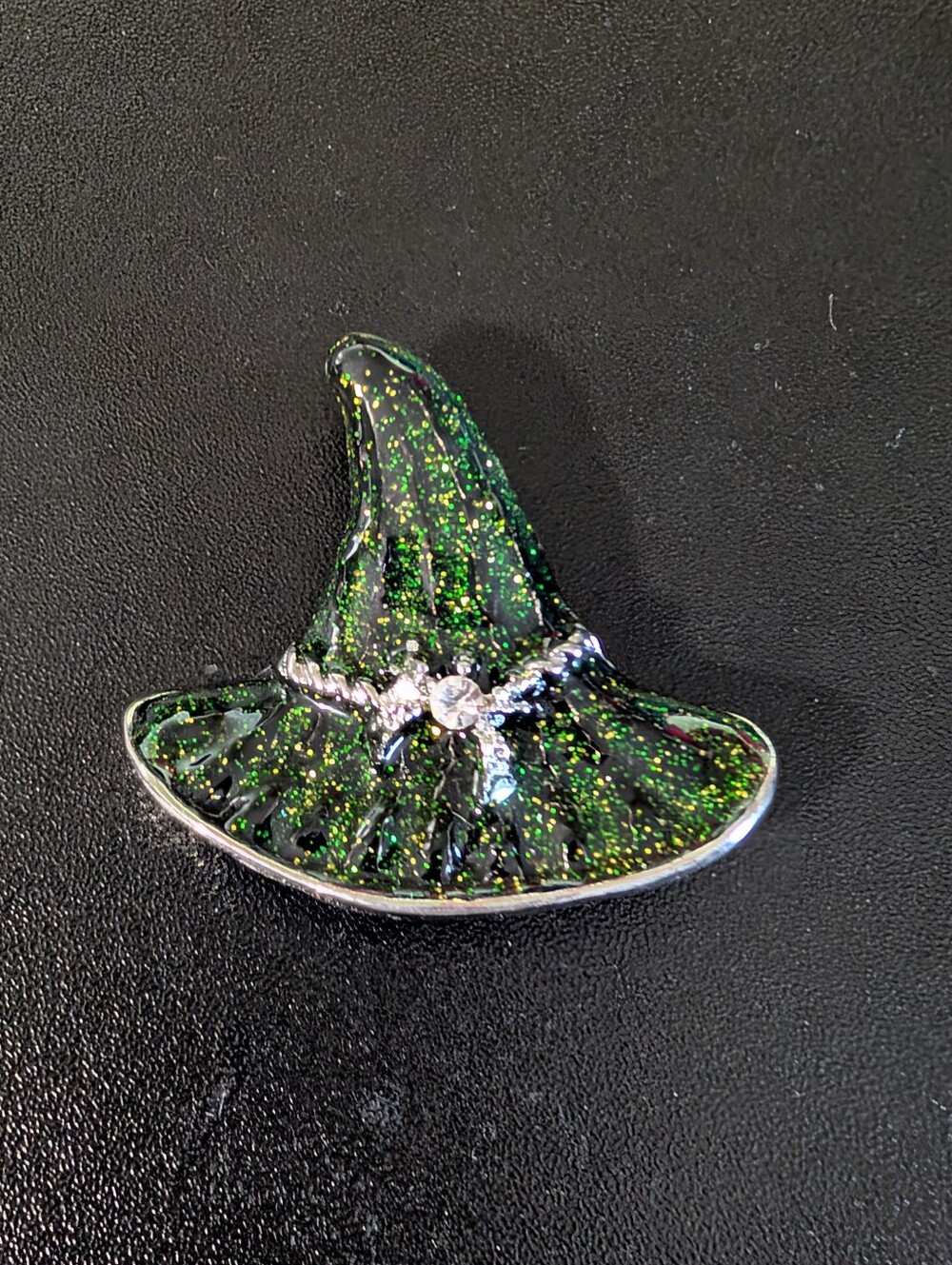 Green Glitter Witch Hat Brooch - Emerald Accent